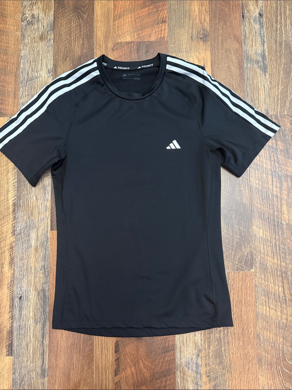 adidas Black Short-Sleeve Performance Tee with White Shoulder Stripes
